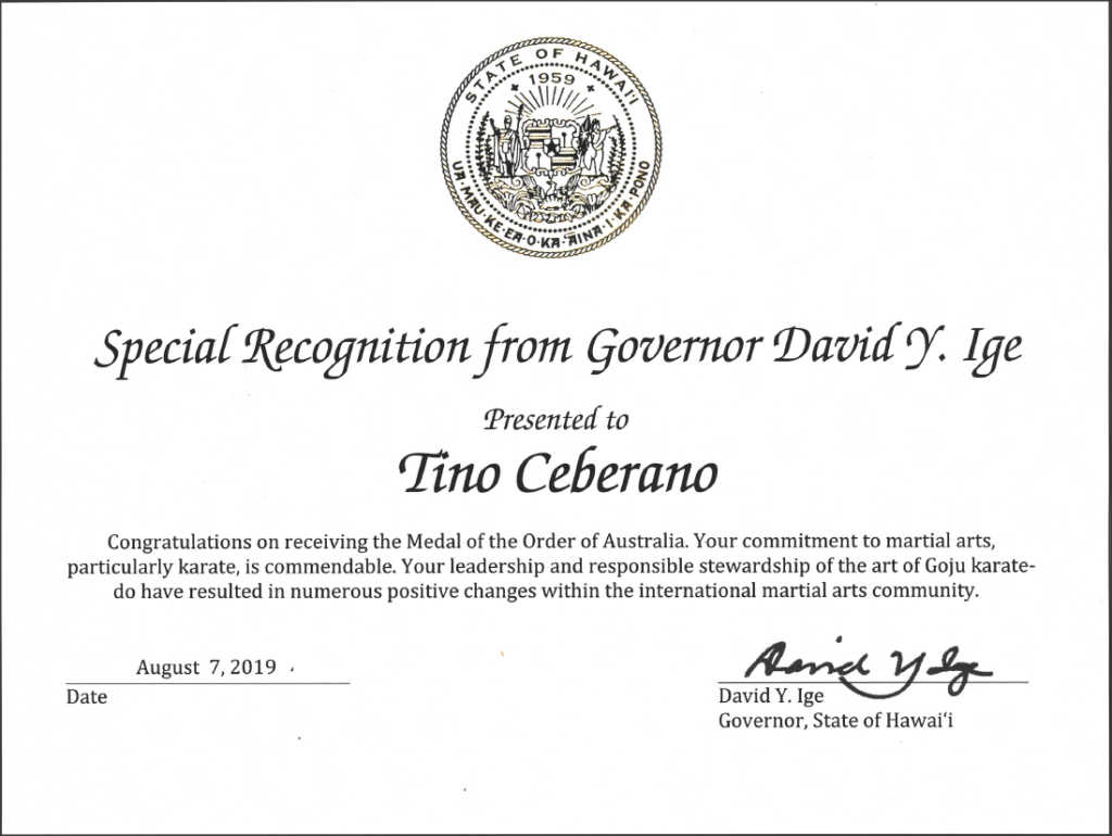 Governor of Hawaii grants Tino Ceberano Hanshi Certificate of Special Recognition August 2019